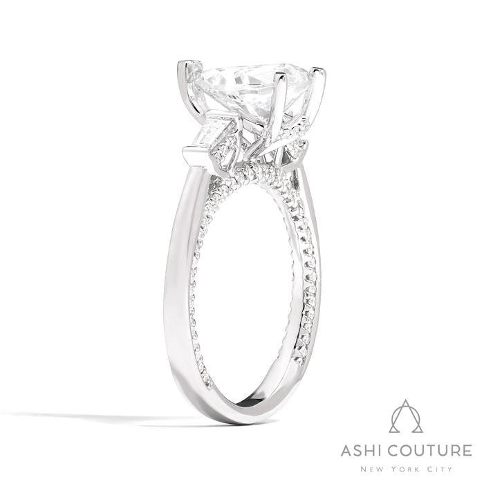 Bridal 3-Stone Pear Semi-Mount Engagement Ring With Tapered Baguette Side Diamonds in White Gold