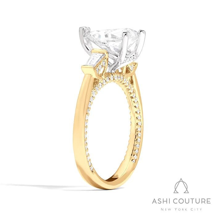 Bridal 3-Stone Pear Semi-Mount Engagement Ring With Tapered Baguette Side Diamonds in Yellow and White Gold