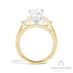 Bridal 3-Stone Pear Semi-Mount Engagement Ring With Tapered Baguette Side Diamonds in Yellow and White Gold